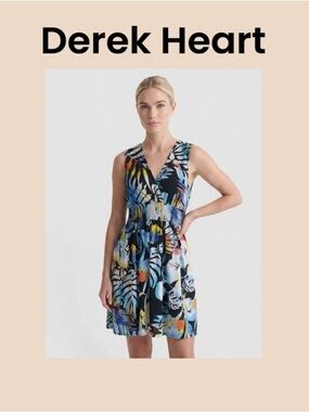 Derek Heart Black Multicolor Tropical Print V-Neck Mini Dress Size Large